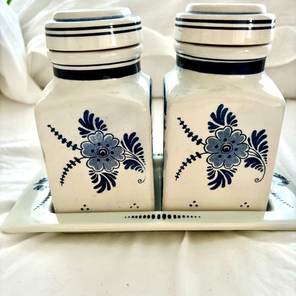 Vintage Delft Blue Blauw Hand Painted Spice Jar bottles Canister Set Tray Dutch - Picture 4 of 16